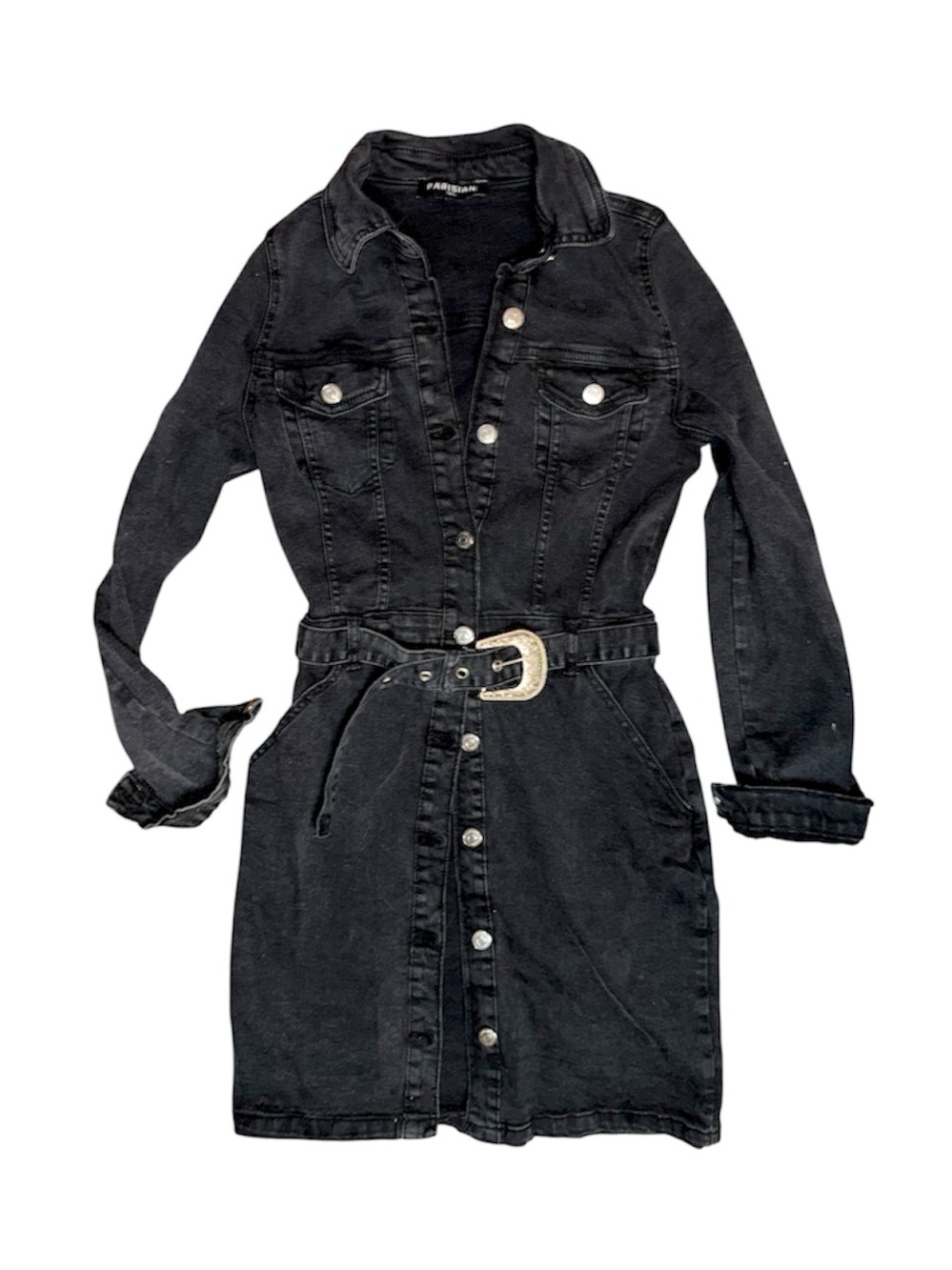 Parisian Works Black Denim Shirt Dress with Western Buckle